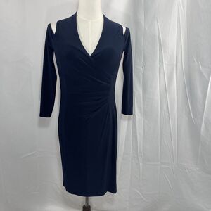 LAUREN Ralph Lauren Faux Wrap Dress Womens‎ 6 Navy Blue Stretch Jersey Ruched
